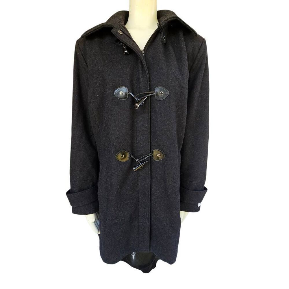 Calvin Klein Women’s 2X Wool Blend Duffle Coat Black Hooded Toggle Front Lined